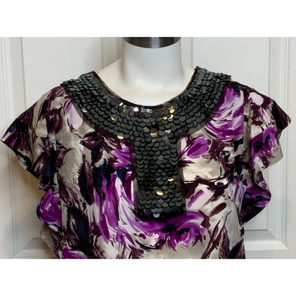St. John SoCa Purple & Gray Floral Watercolor Sequin Bib Silk Top, Size Medium - Picture 2 of 9